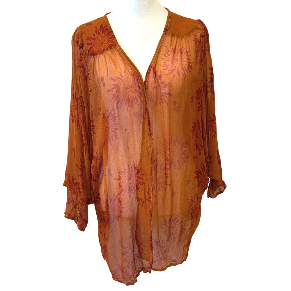 Beyond Vintage Kimono Cardigan Size M Orange Silk Floral Sheer Dolman Boho